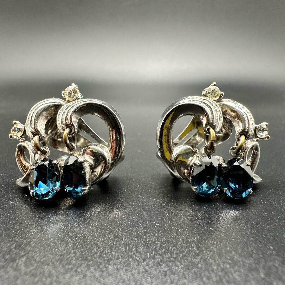 Trifari Silver-tone Earrings with Deep Blue Teardrop Stones